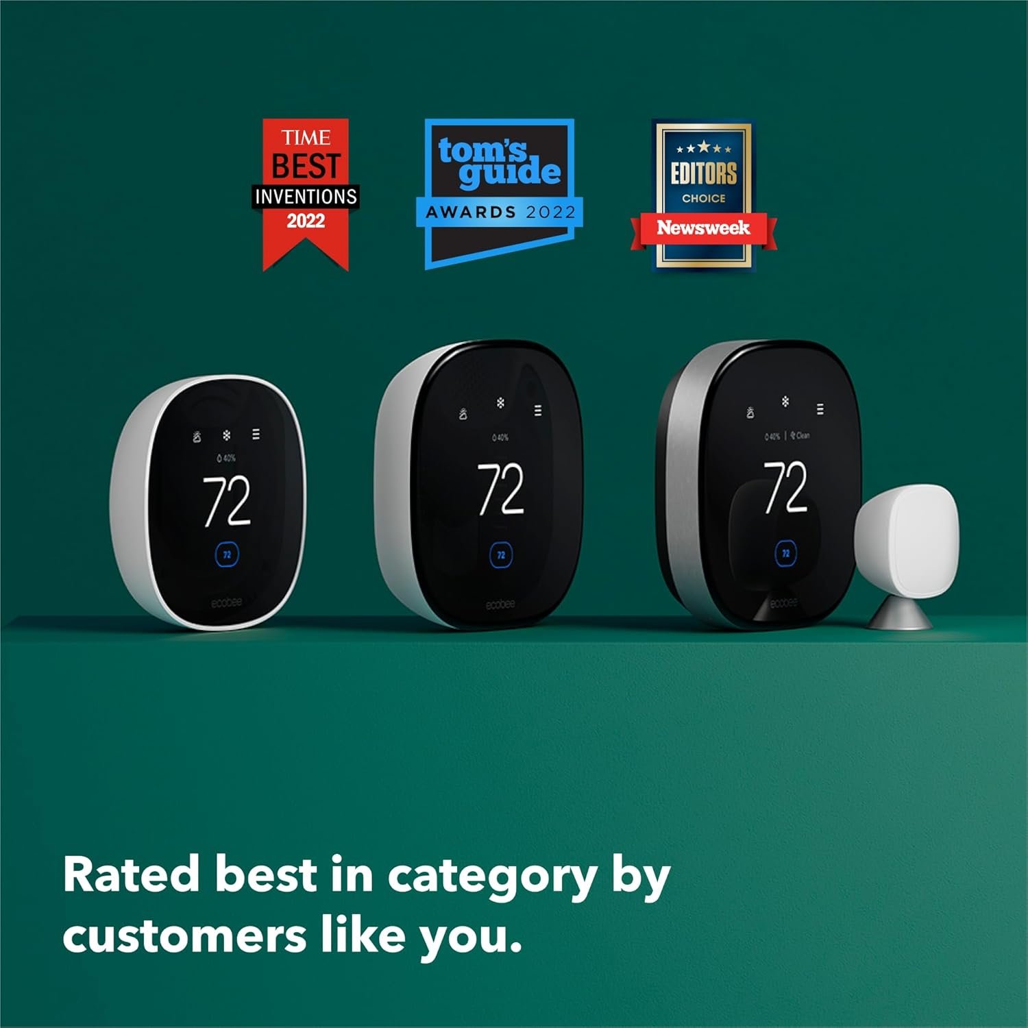 Ecobee smart thermostats line-up, showcasing awards from TIME Best Inventions 2022, Tom's Guide Awards 2022, and Newsweek Editors' Choice.