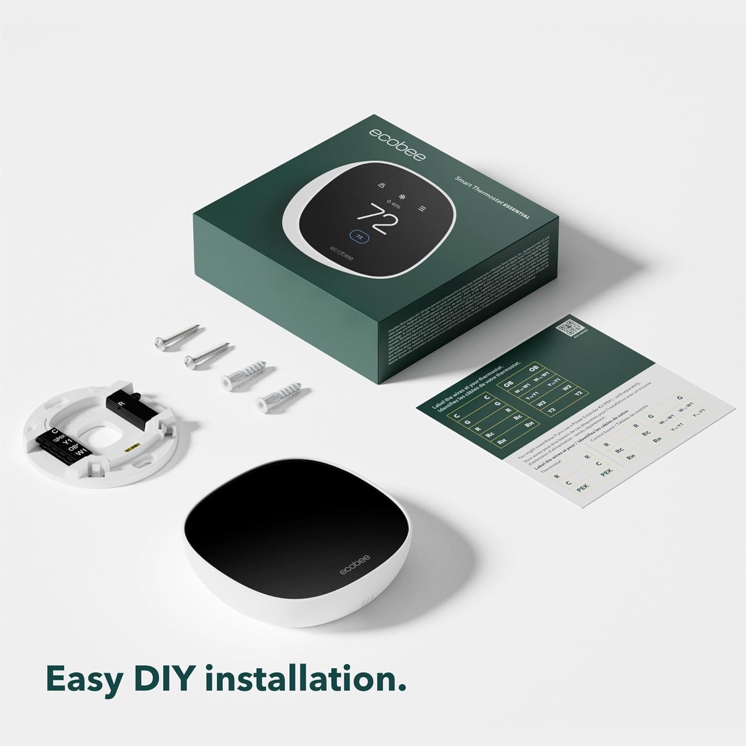 The complete Ecobee Smart Thermostat Essential kit, including the thermostat, box, wall plate, and easy DIY installation instructions.