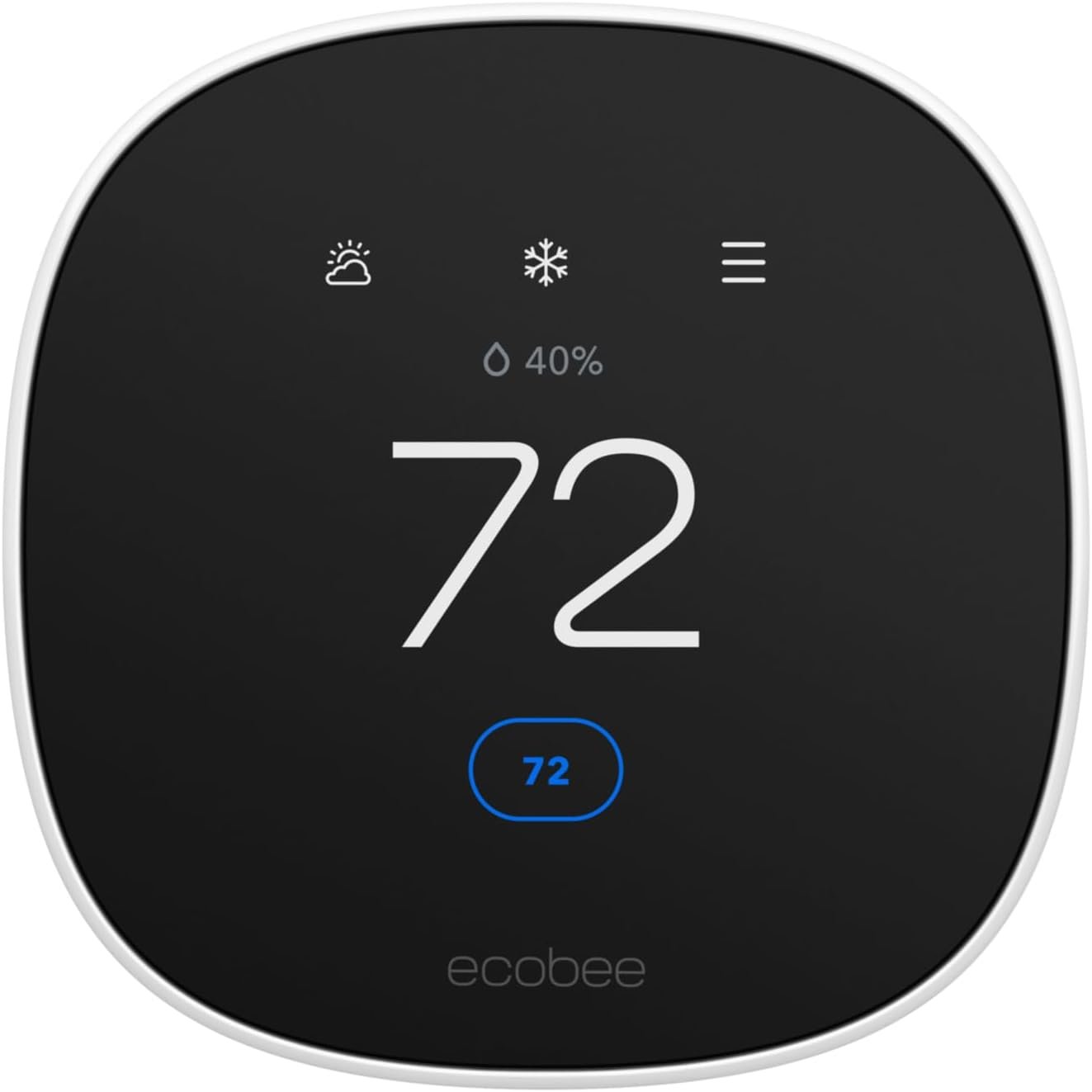 A close-up, front-on view of the Ecobee smart thermostat, showing its modern black display with the temperature set to 72 degrees.