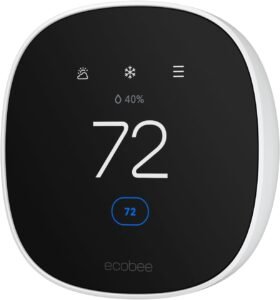 A clear, front-on shot of the Ecobee smart thermostat's main screen, displaying icons for weather, humidity, and the menu.