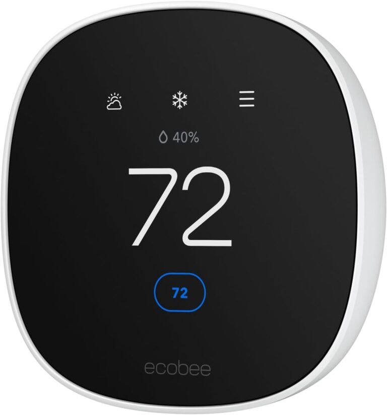 A clear, front-on shot of the Ecobee smart thermostat's main screen, displaying icons for weather, humidity, and the menu.