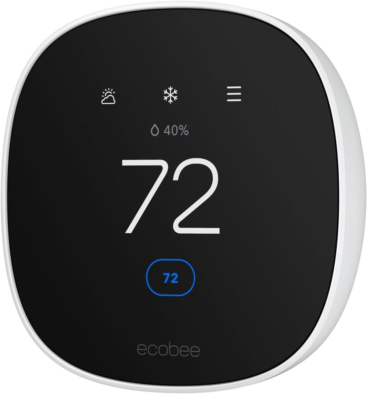 A clear, front-on shot of the Ecobee smart thermostat's main screen, displaying icons for weather, humidity, and the menu.