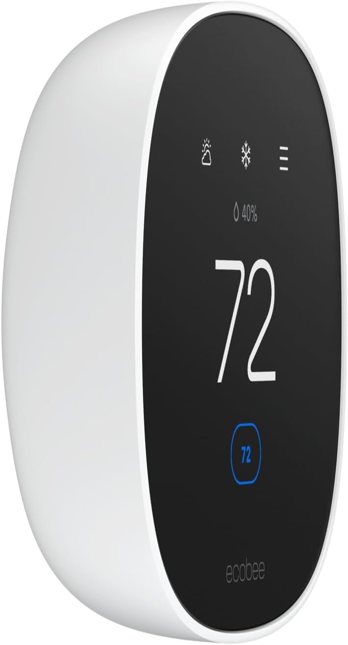 An angled side-profile view of the Ecobee smart thermostat, showing its white curved body and black screen.