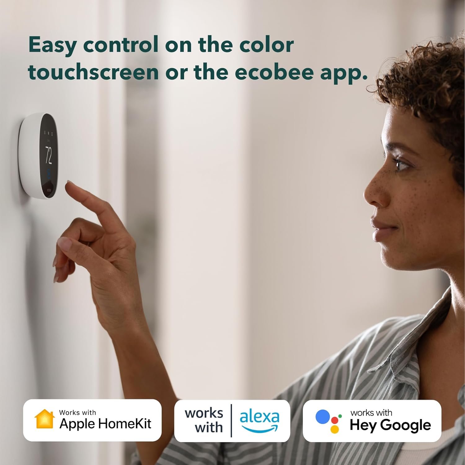 A person using the Ecobee smart thermostat's color touchscreen, with logos for Apple HomeKit, Alexa, and Hey Google compatibility shown.