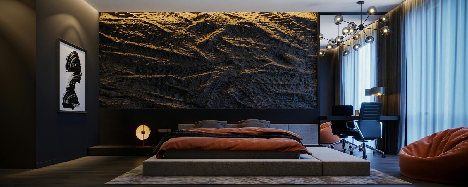 A high-end, modern bedroom with dark walls, accent lighting, and a low-profile bed, representing a luxury style.