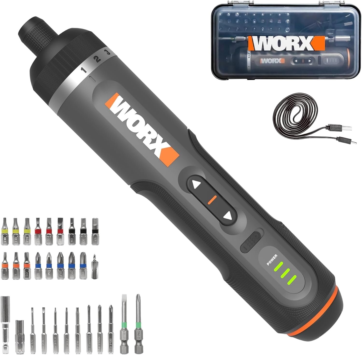 Main product image of the WORX 4V cordless electric screwdriver, showing the full 30-piece accessory kit in its case, all included bits, and a USB-C charging cable.