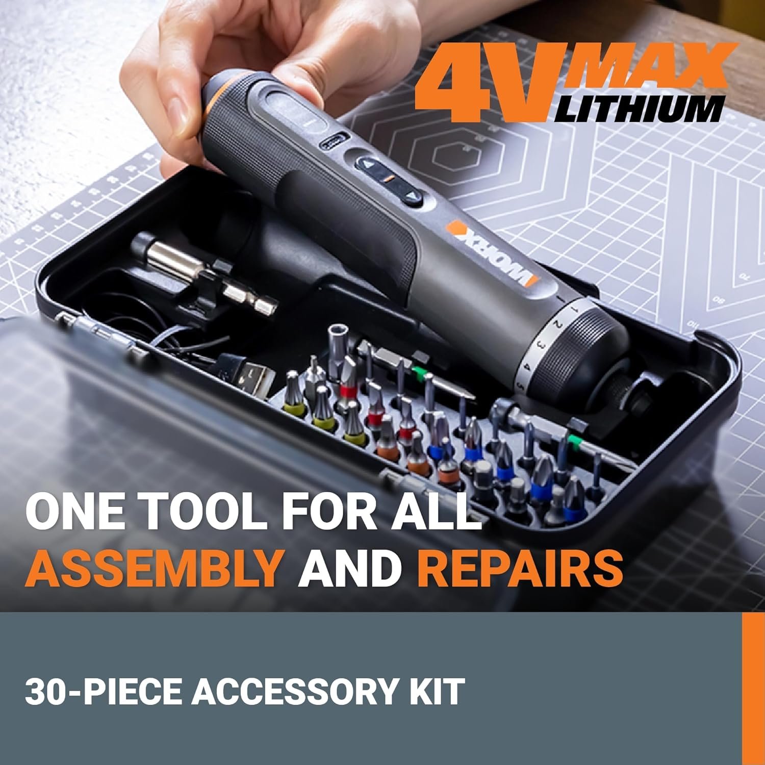 The WORX 4V lithium screwdriver being placed into its 30-piece accessory kit, with text "One tool for all assembly and repairs".
