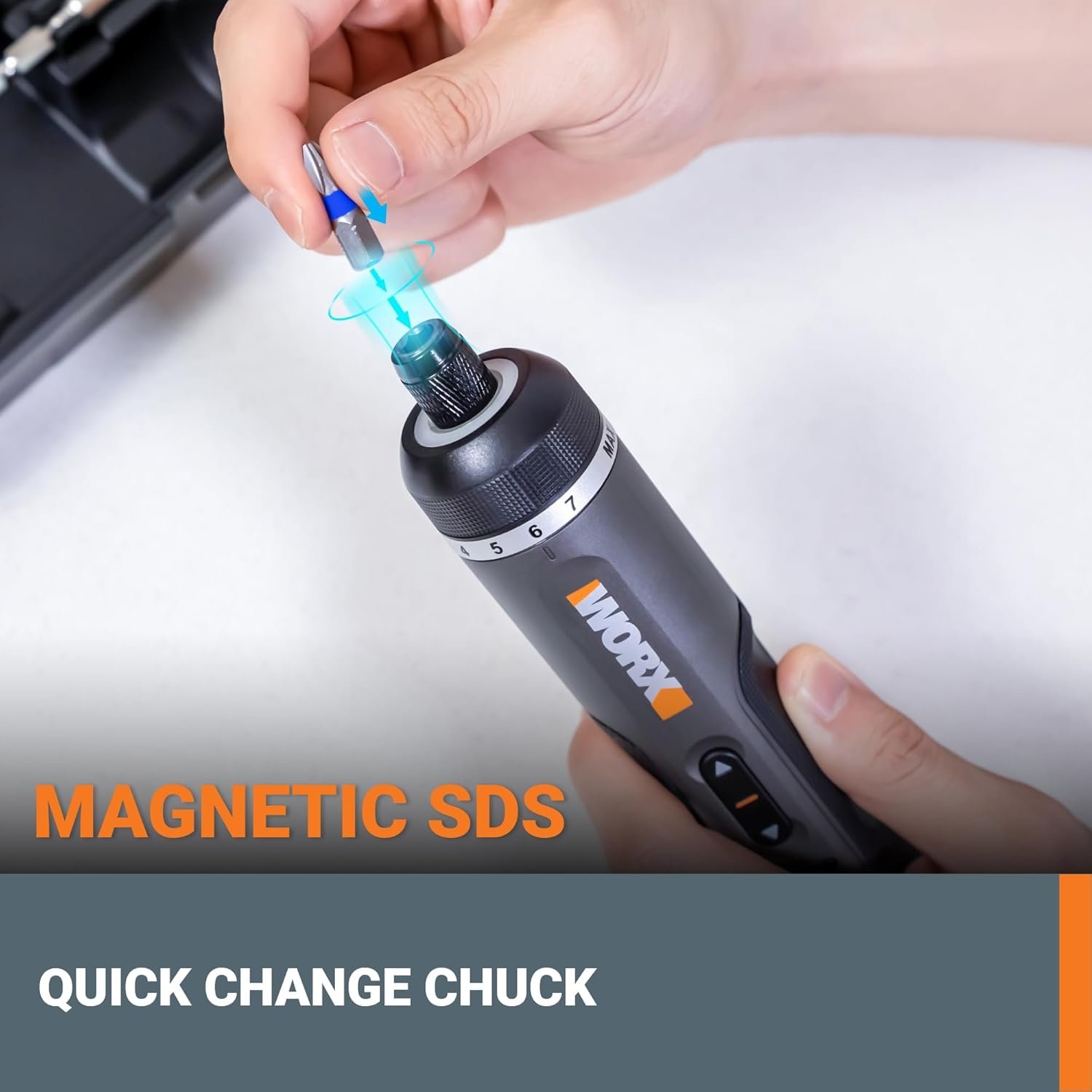 Demonstration of the "Magnetic SDS Quick Change Chuck" on the WORX screwdriver, showing a bit being easily inserted.