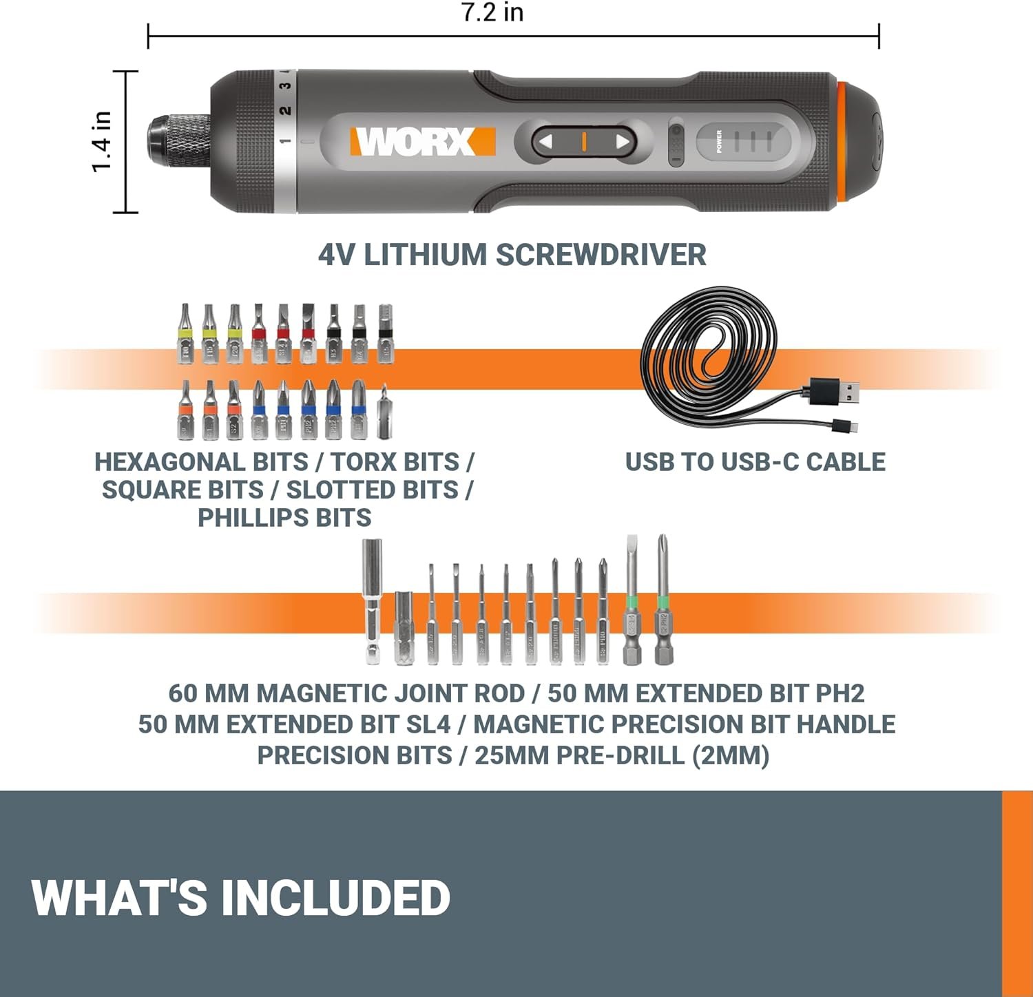 A diagram showing "What's Included" with the WORX 4V screwdriver: the tool with dimensions, a full set of hexagonal, torx, and phillips bits, a USB-C cable, and various precision/extension rods.