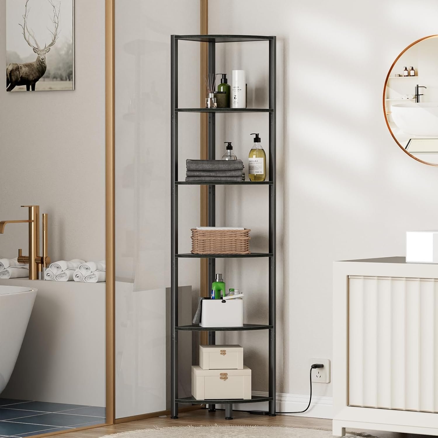 The 6-tier black corner shelf being used in a bathroom to organize towels, toiletries, storage boxes, and decorative items.