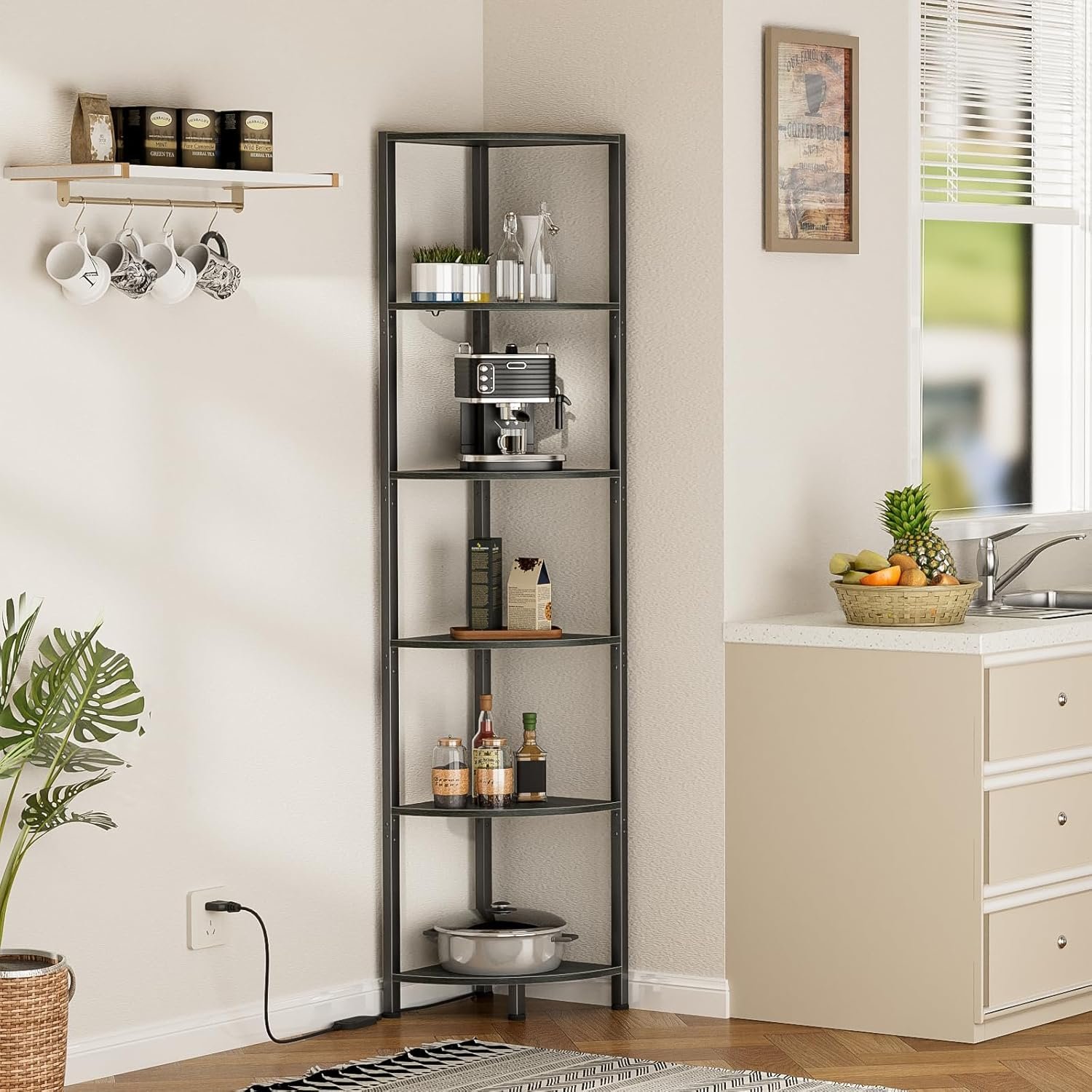A tall, 6-tier black corner shelf unit styled as a coffee bar in a kitchen, holding a coffee maker, mugs, a pot, and kitchen supplies.