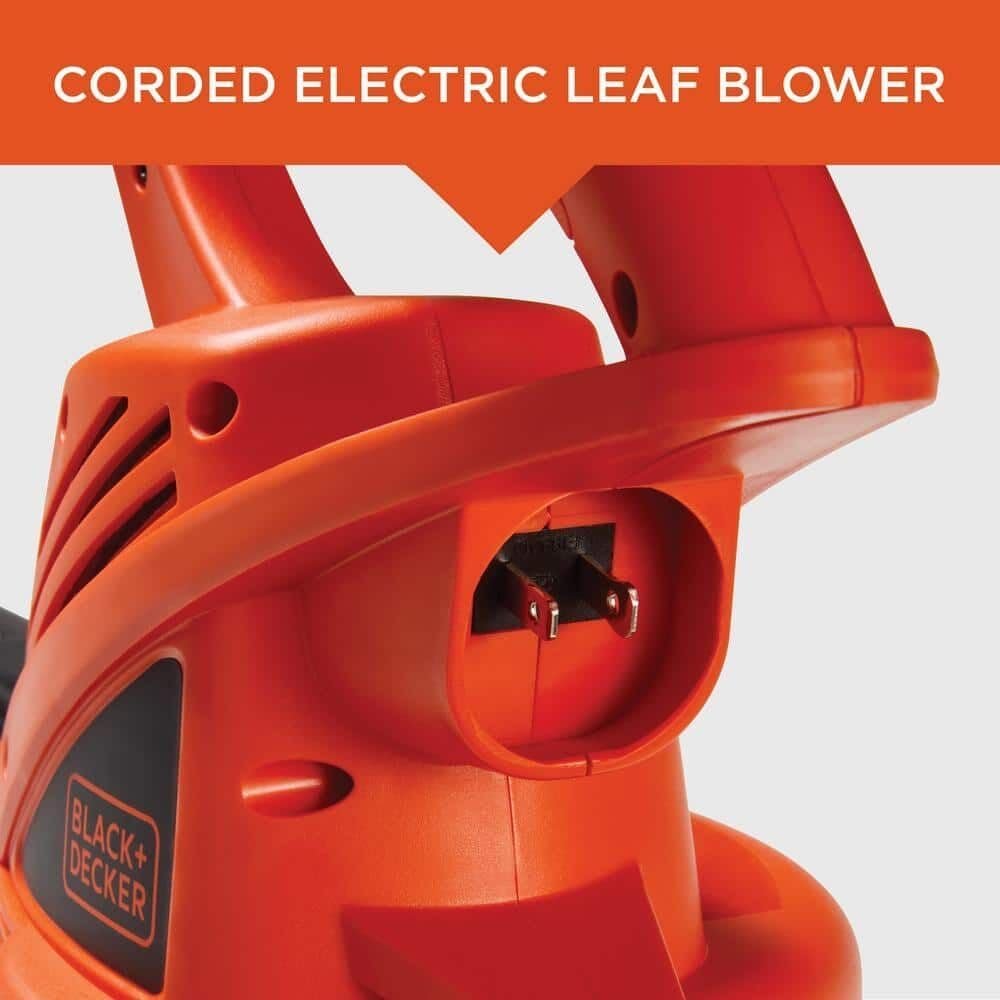 A close-up of the power plug input on the BLACK+DECKER leaf blower, with the text "CORDED ELECTRIC LEAF BLOWER" above it.