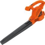 A high-angle studio shot of the orange and black BLACK+DECKER electric leaf blower, shown on a clean white background.