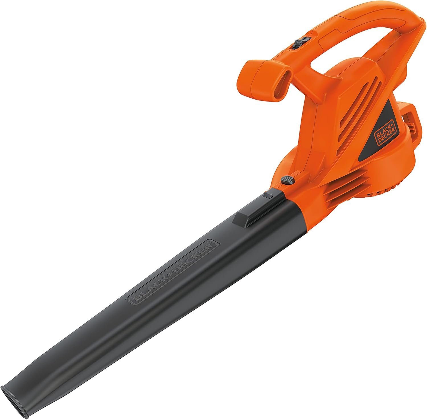 A high-angle studio shot of the orange and black BLACK+DECKER electric leaf blower, shown on a clean white background.