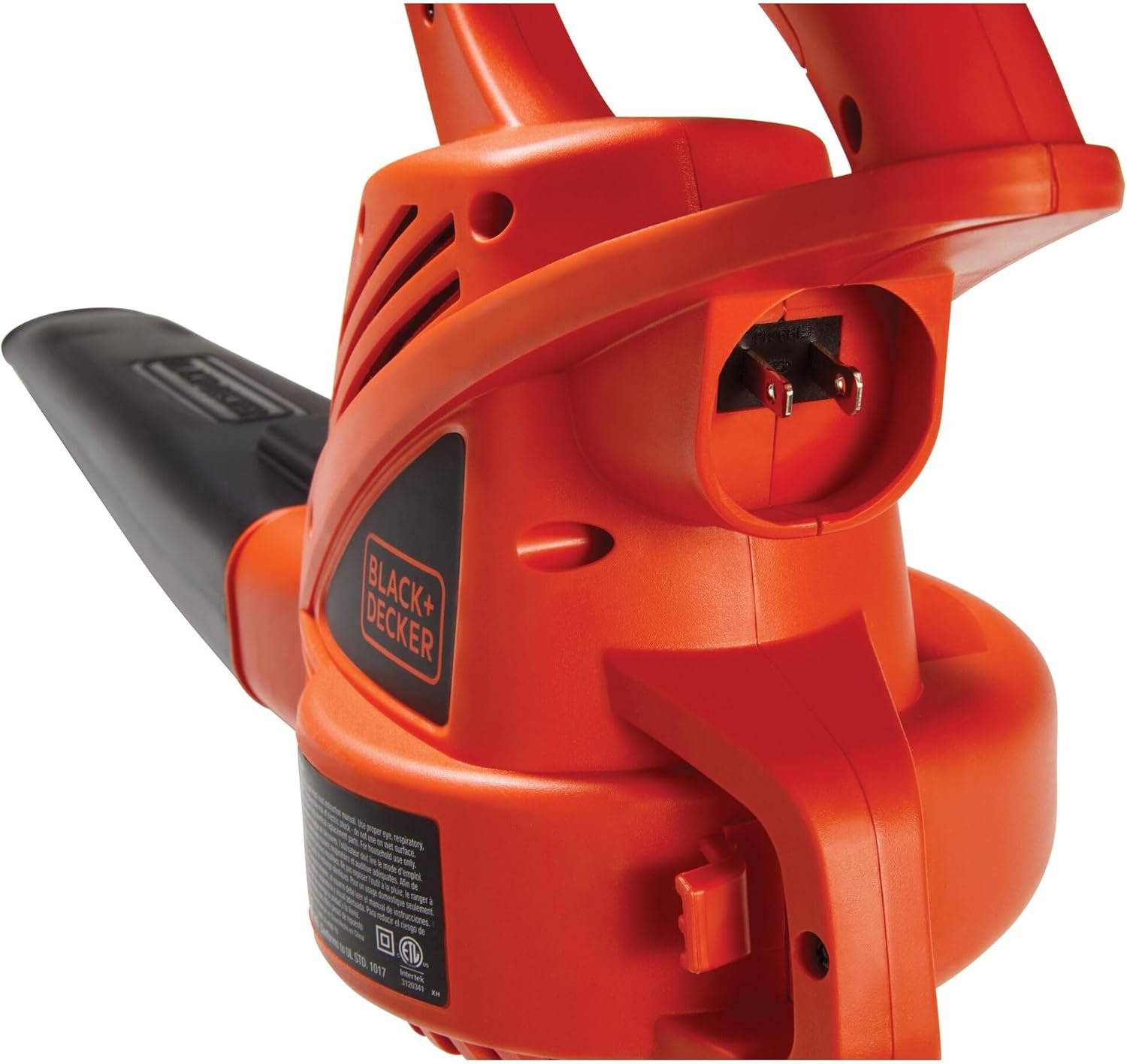 A detailed close-up shot of the rear of the BLACK+DECKER leaf blower, showing the power plug input and the built-in cord retainer clip.