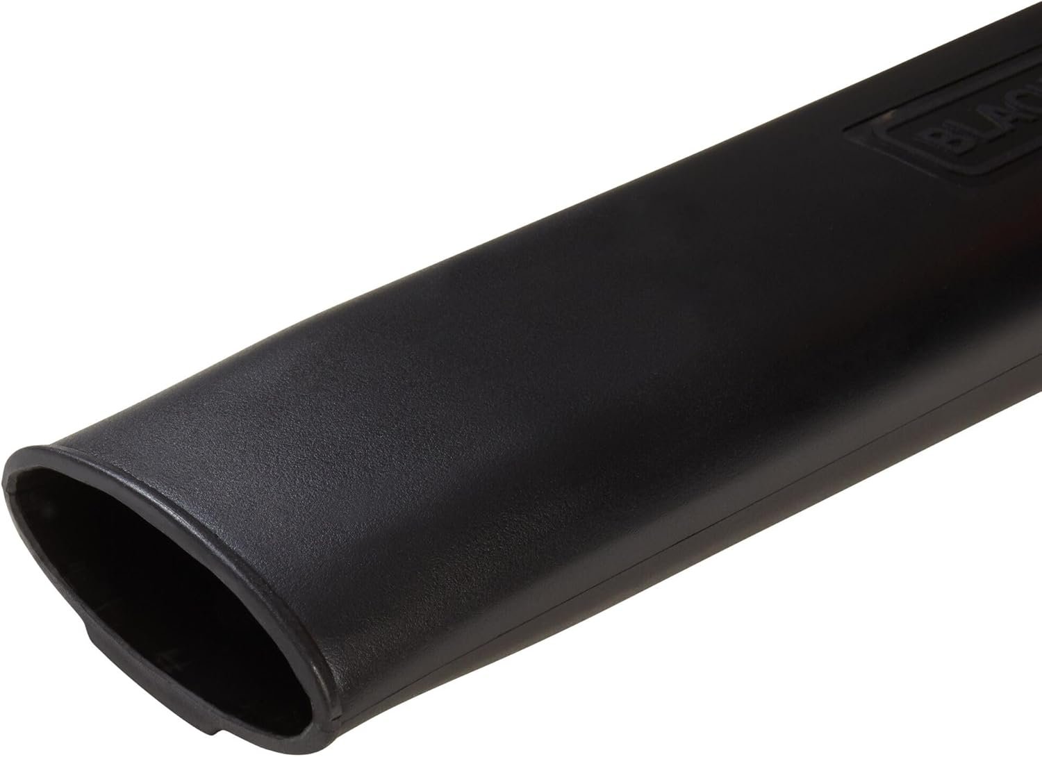A close-up studio shot of the end of the black nozzle tube for the BLACK+DECKER leaf blower.