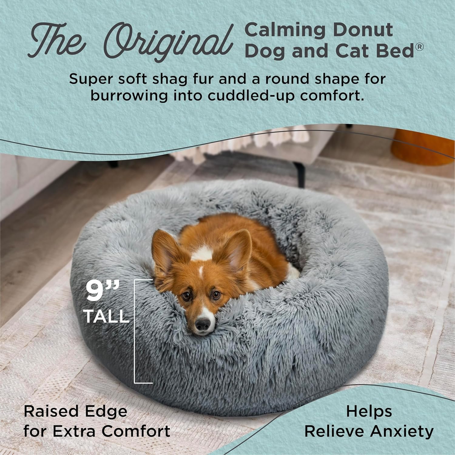 An infographic showing the "Original Calming Donut Dog and Cat Bed," highlighting its 9-inch tall raised edge for comfort and anxiety relief.