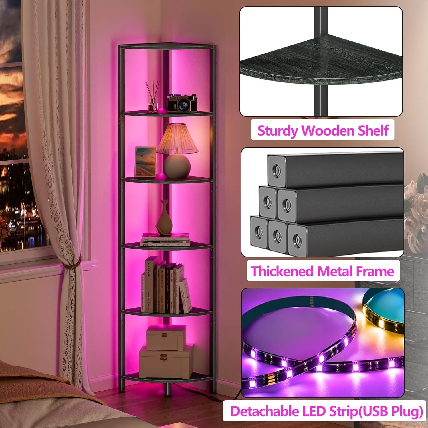 A diagram highlighting the corner shelf's features: a sturdy wooden shelf, a thickened metal frame, and a detachable, multi-color (showing pink) USB-powered LED strip.