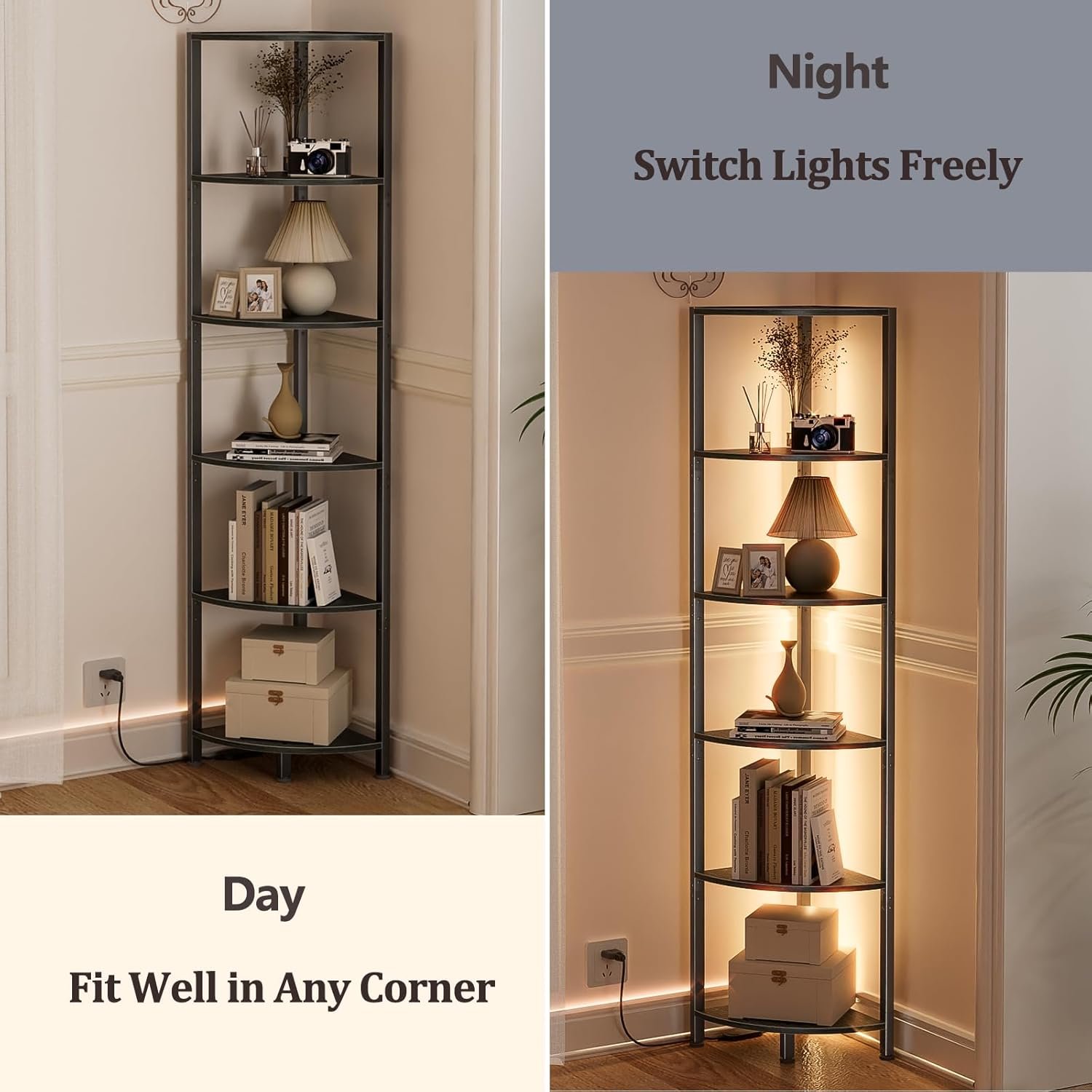 A day and night comparison of the corner shelf, showing it fitting in a living room corner by day and illuminated with warm white LED lights at night.