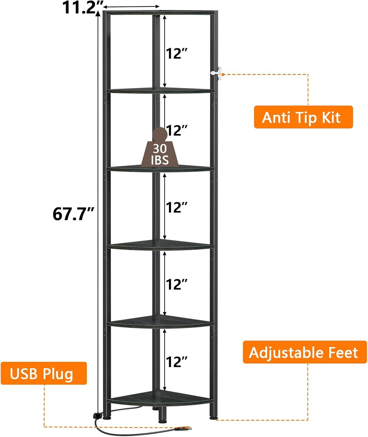 A detailed diagram showing the product dimensions of the 6-tier corner shelf (67.7" tall), highlighting the 30 lbs capacity per shelf, anti-tip kit, and adjustable feet.