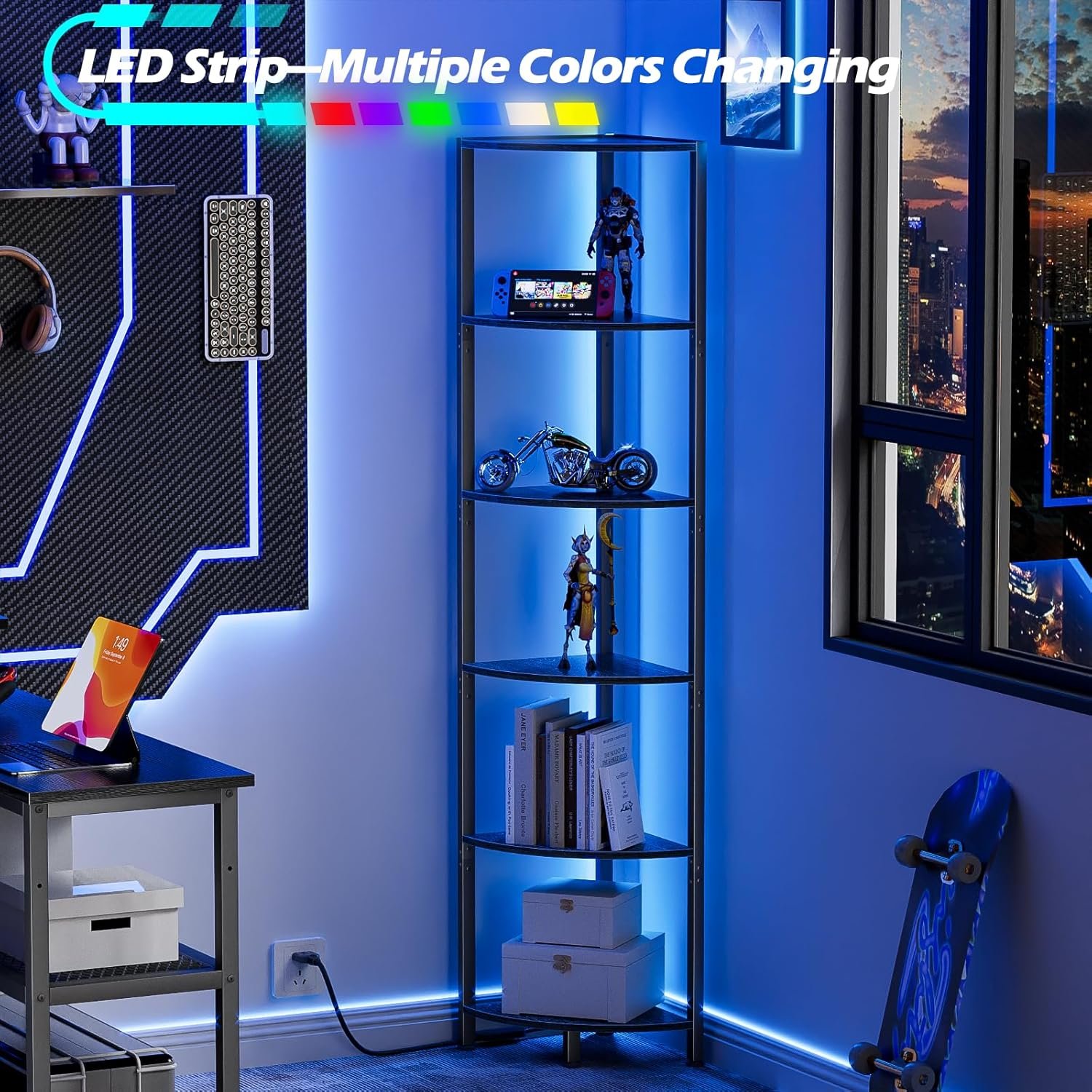 The corner shelf used in a gaming room with blue LED lighting, displaying collectibles and a gaming console, with text "LED Strip - Multiple Colors Changing".