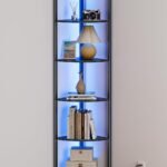 The tall black 6-tier corner shelf shown with cool blue LED backlighting, holding books, a lamp, and decorative objects.
