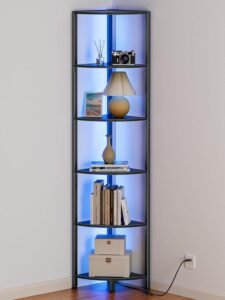 The tall black 6-tier corner shelf shown with cool blue LED backlighting, holding books, a lamp, and decorative objects.