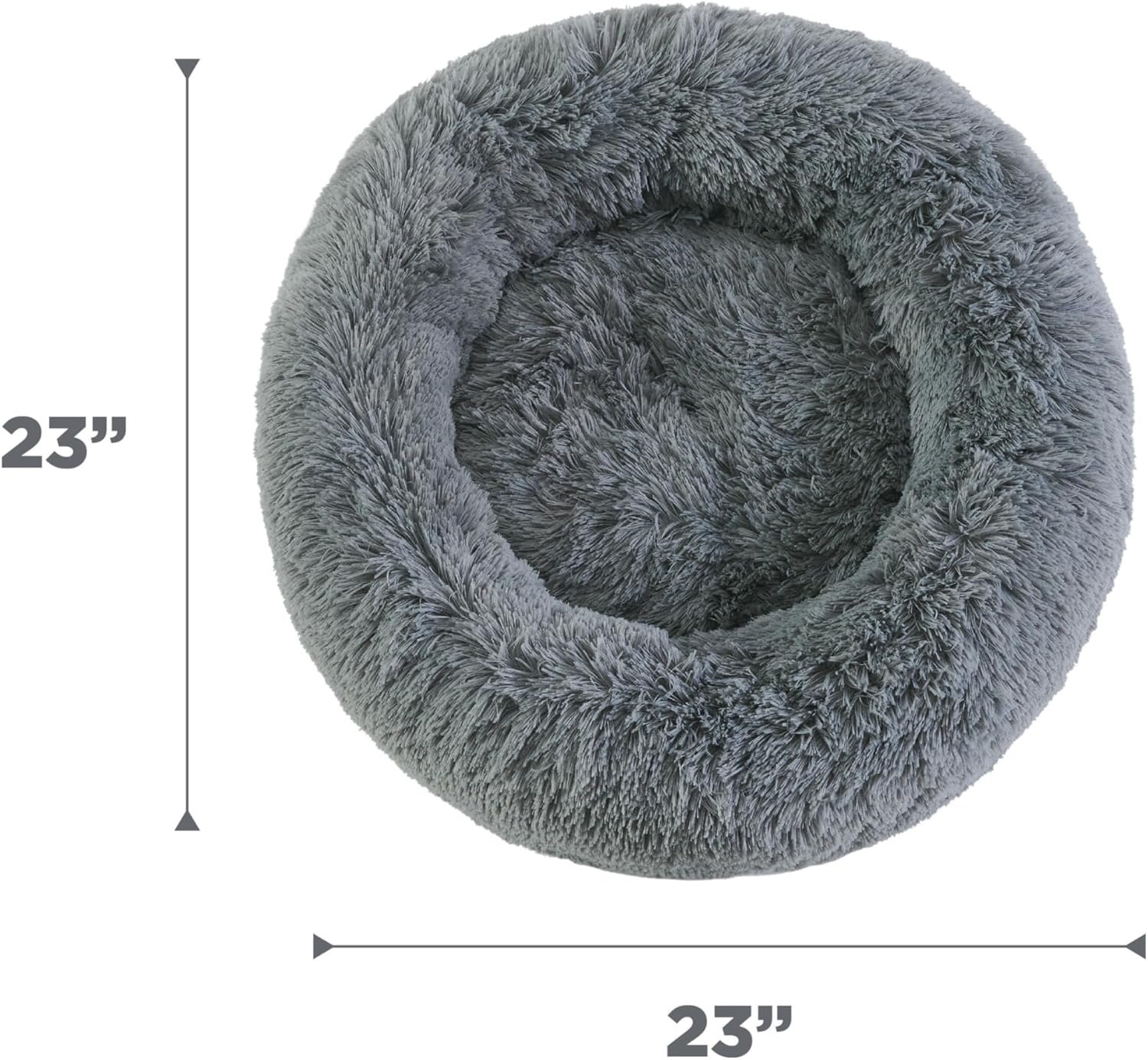 A top-down studio shot of the 23-inch grey donut pet bed, showing its round shape and dimensions.