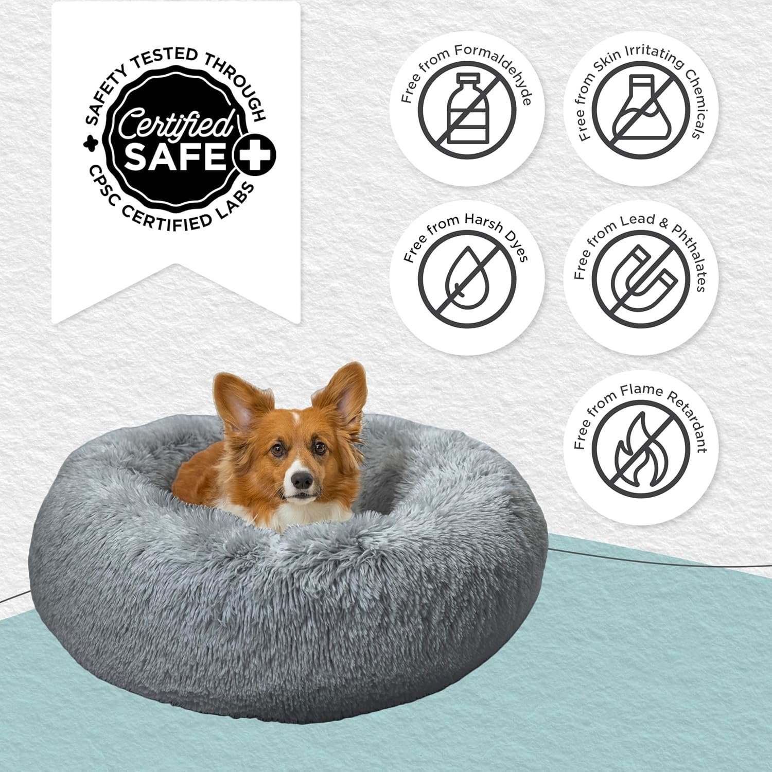 An infographic highlighting the pet bed's "Certified Safe" materials, showing it is free from formaldehyde, harsh dyes, lead, and flame retardants.