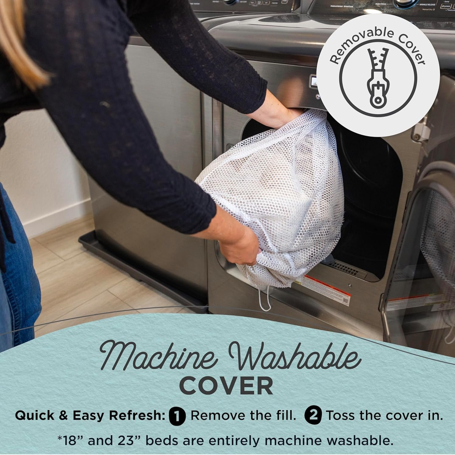 A diagram demonstrating the "Machine Washable Cover" feature, showing the fill being removed and the cover being placed in a washing machine.