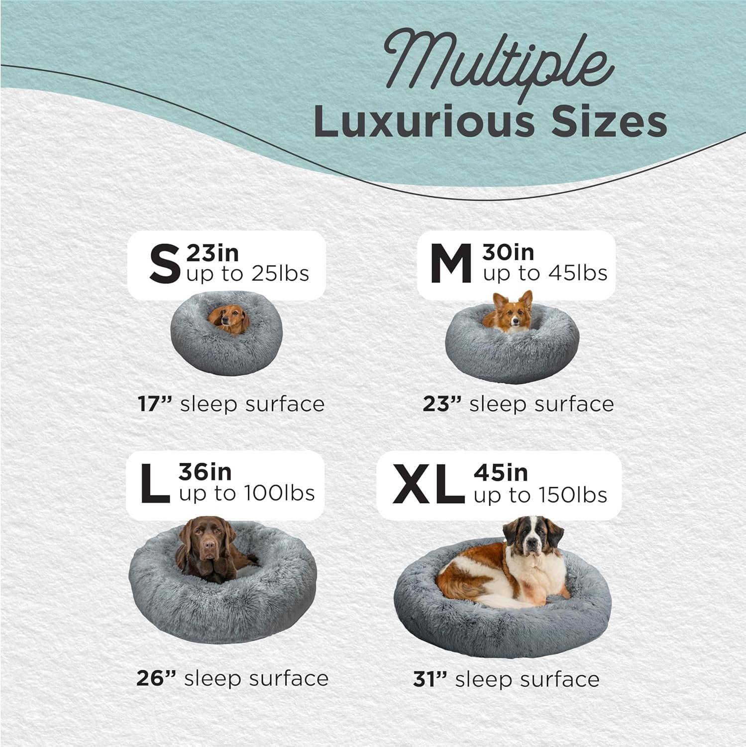 A size chart showing four available sizes for the pet bed: Small (23in), Medium (30in), Large (36in), and XL (45in), with corresponding pet weights.