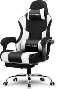 A front-on studio shot of the GTPLAYER black and white gaming chair, showing the headrest pillow, lumbar support pillow, and chrome base.