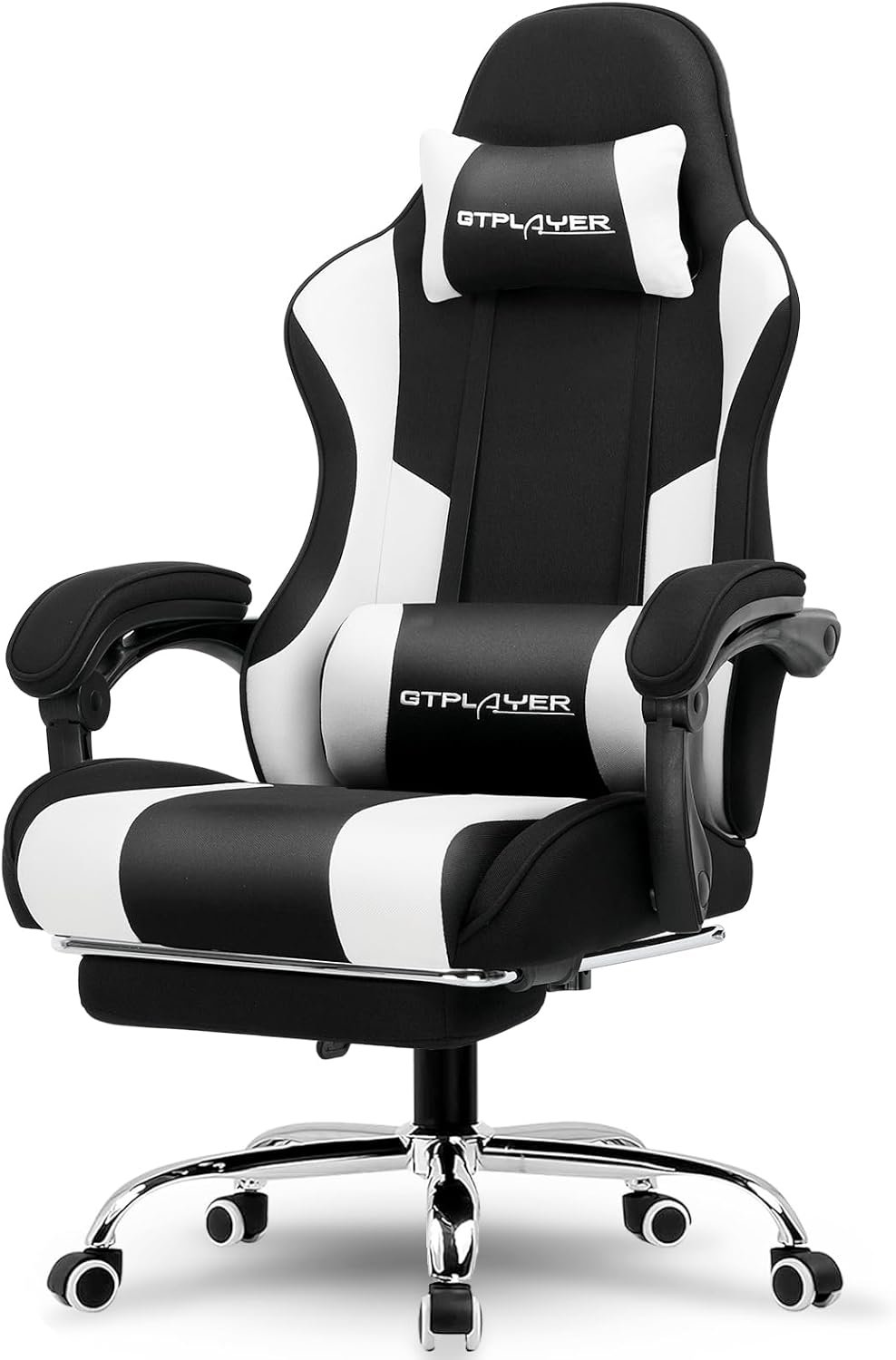 A front-on studio shot of the GTPLAYER black and white gaming chair, showing the headrest pillow, lumbar support pillow, and chrome base.