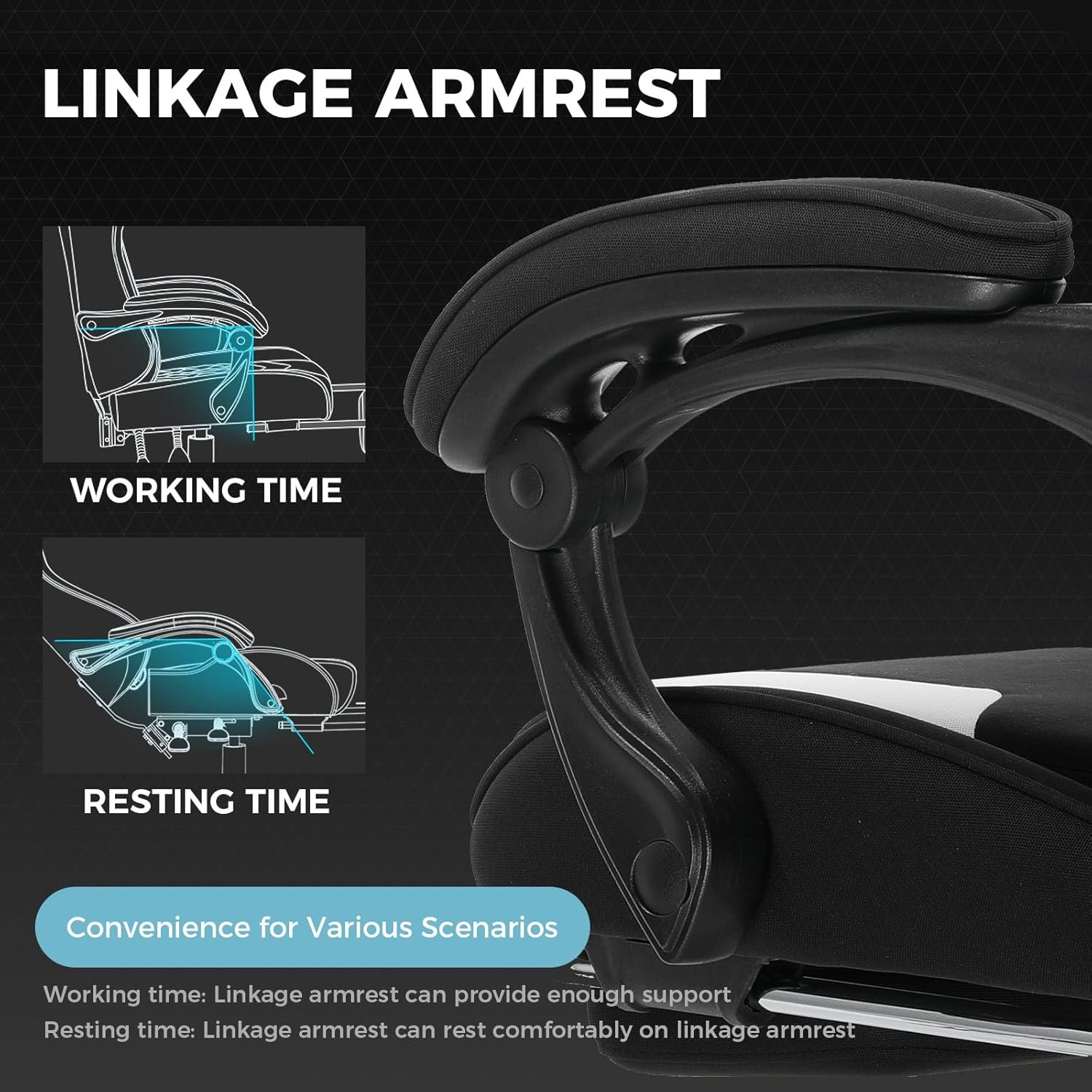 A diagram explaining the "Linkage Armrest" feature, showing how the armrests adjust for both "Working Time" and "Resting Time" scenarios.