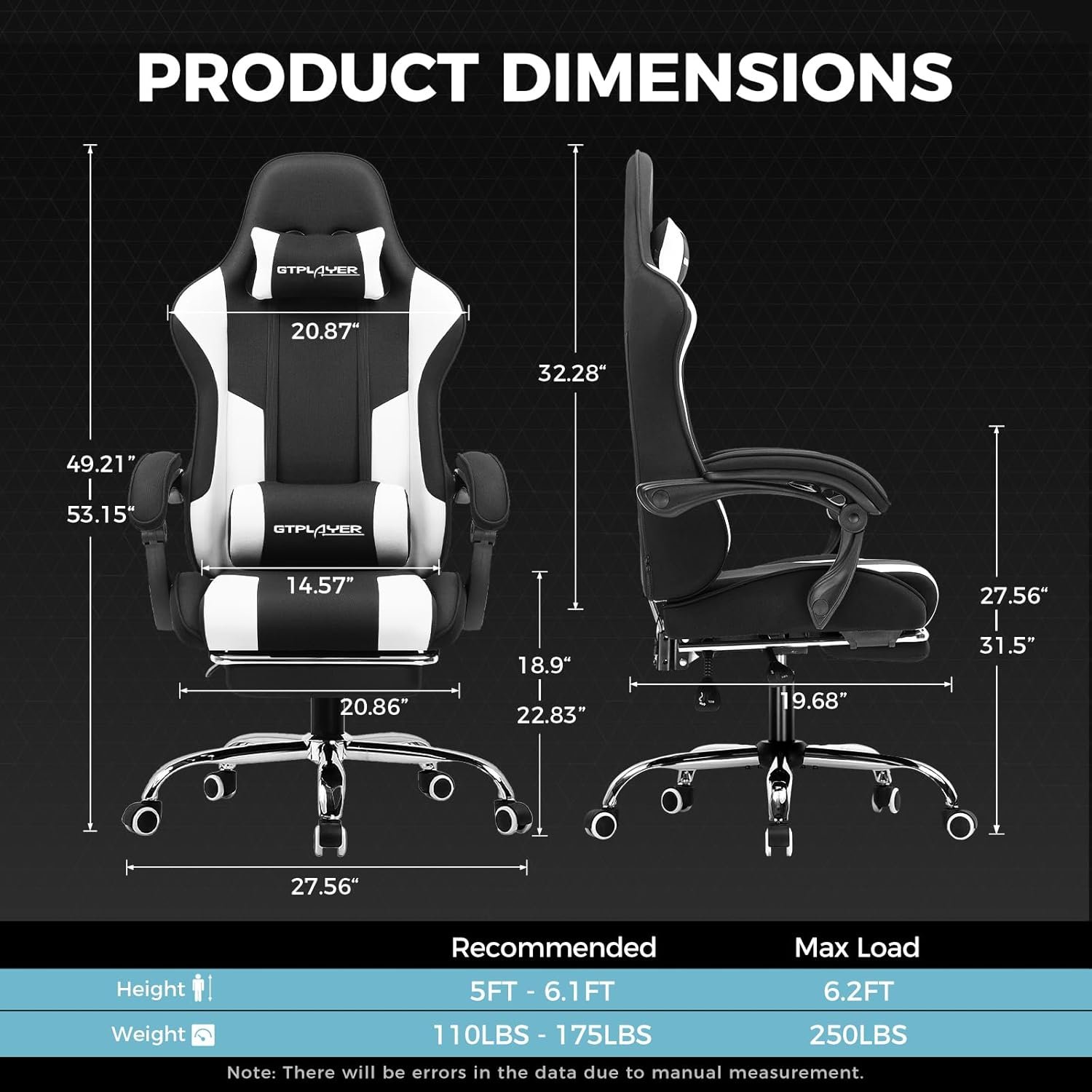 A detailed diagram showing the product dimensions of the GTPLAYER gaming chair, including height, width, and recommended user height (5ft - 6.1ft) and weight (110lbs - 175lbs).