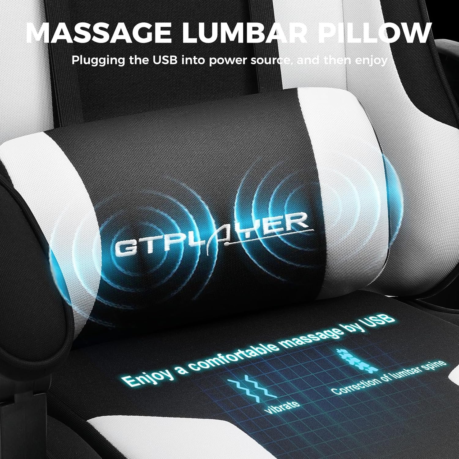 A close-up of the "Massage Lumbar Pillow" on the GTPLAYER chair, highlighting its USB-powered vibration feature for back support.