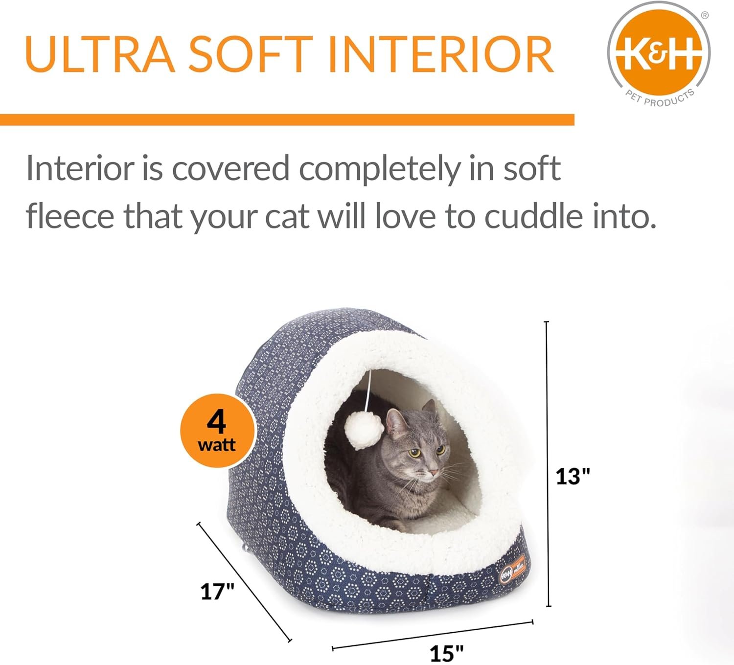 An infographic showing the K&H heated pet cave dimensions (17x15x13 inches) and highlighting its 4-watt heater and "Ultra Soft Interior" fleece lining.