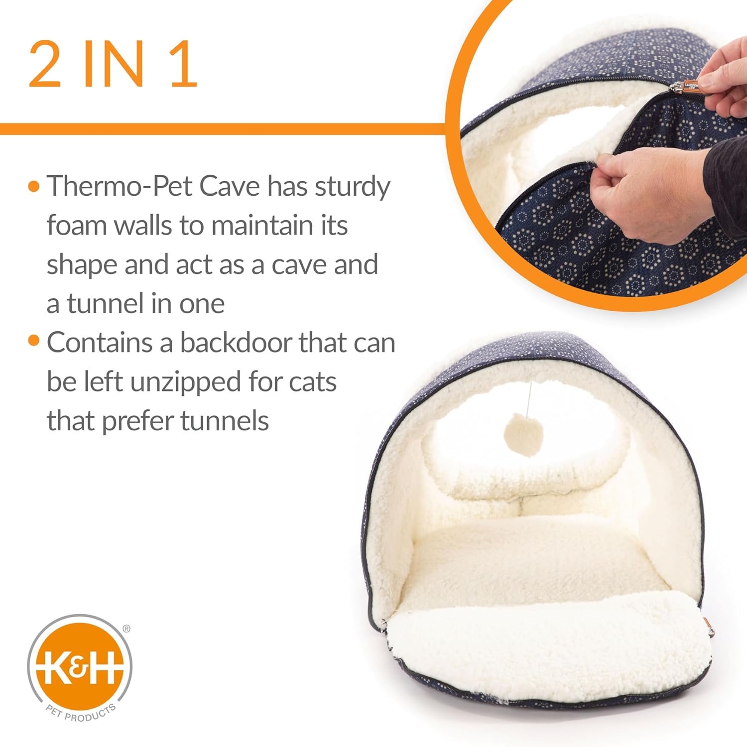 A diagram demonstrating the "2 in 1" feature of the K&H pet cave, showing the zip-open back door that turns the cave into a tunnel.