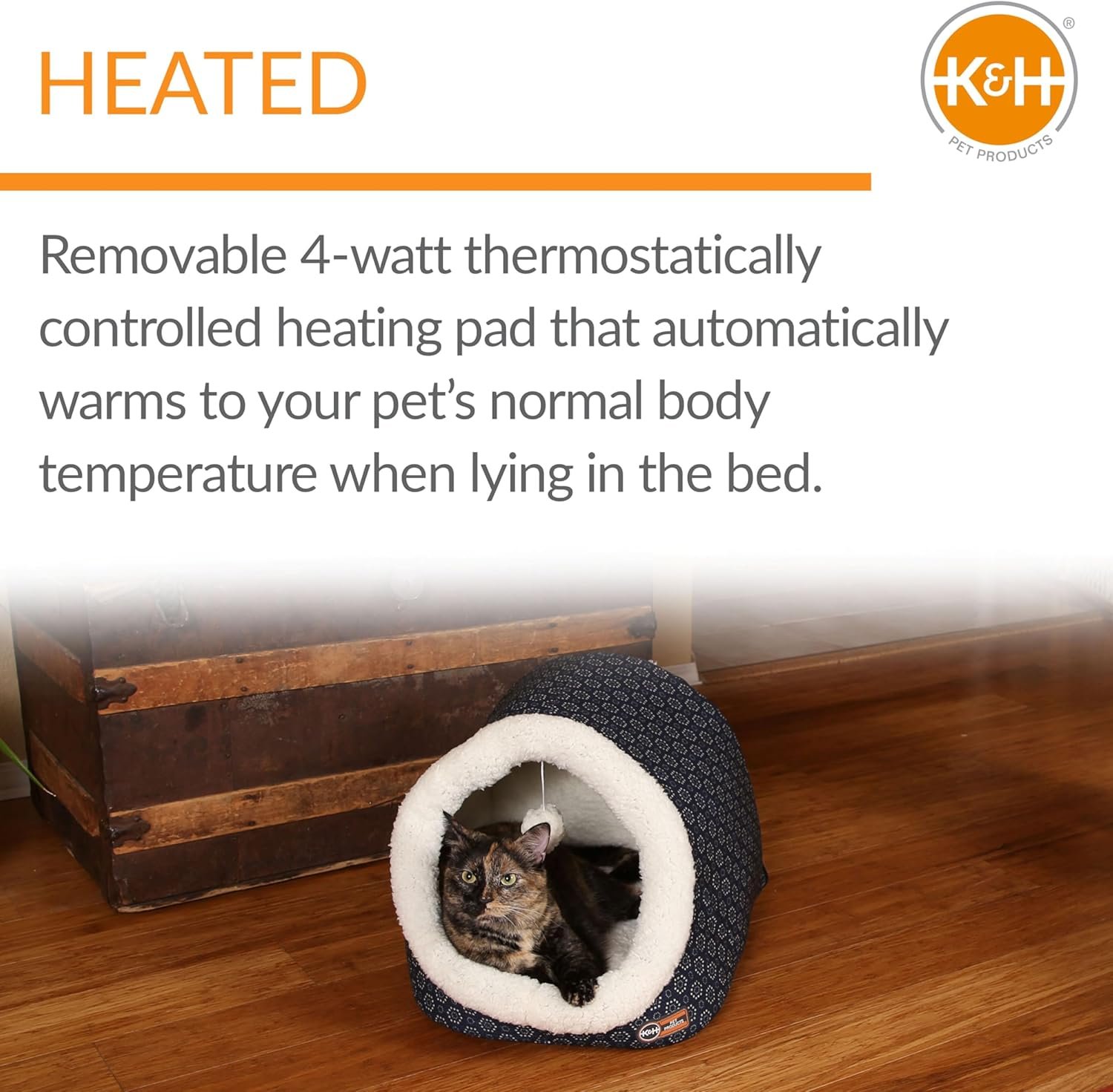 An image highlighting the "Heated" feature of the K&H pet cave, explaining the removable 4-watt thermostatically controlled heating pad.