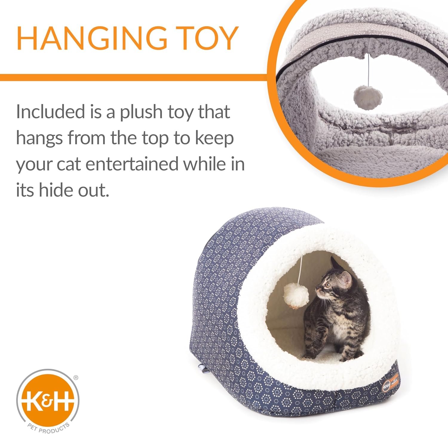 An infographic showing the "Hanging Toy" feature, with a close-up of the plush toy and a cat inside the cave playing with it.