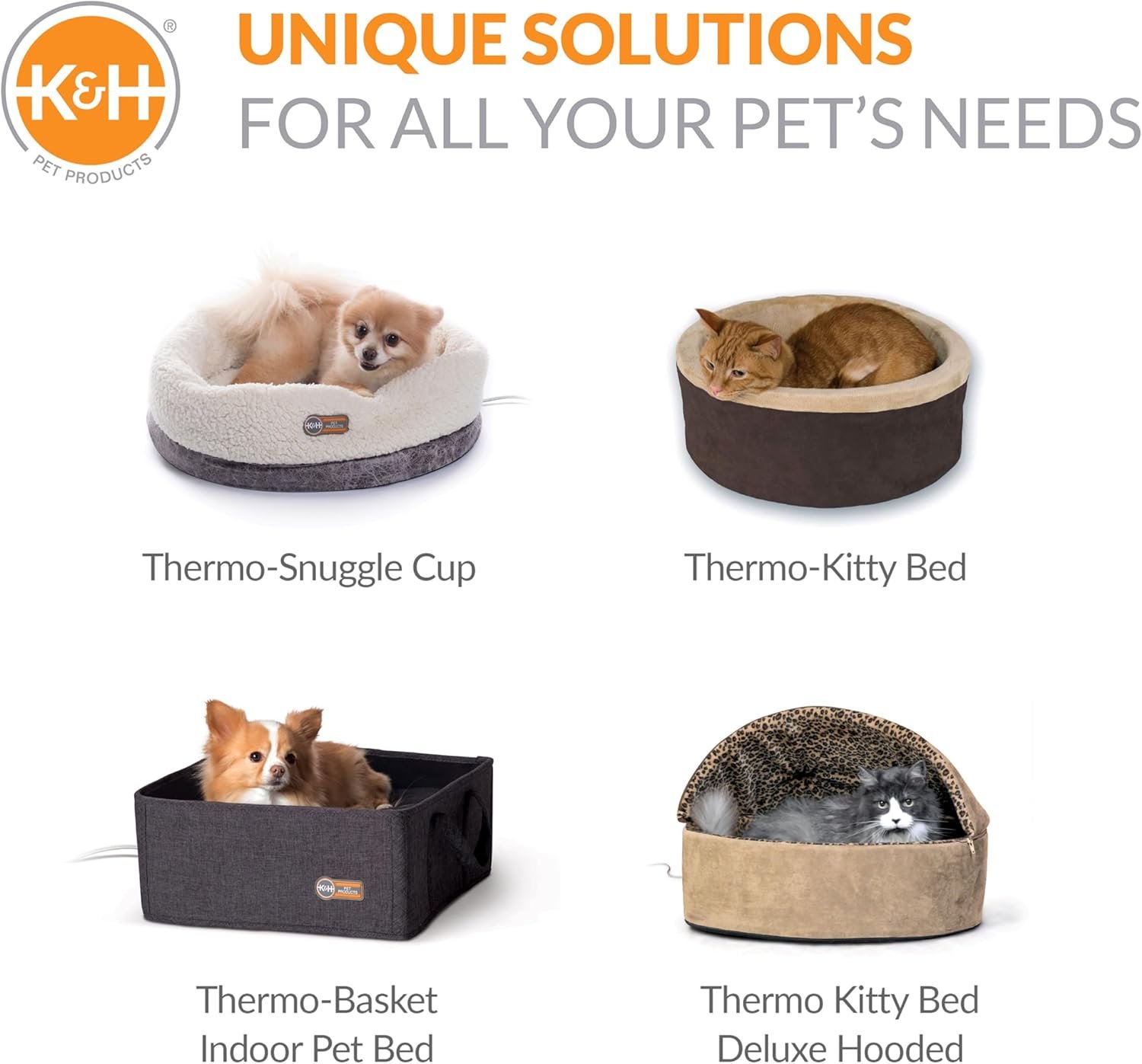 An infographic showcasing other "Unique Solutions" from K&H Pet Products, including the Thermo-Snuggle Cup, Thermo-Kitty Bed, and Thermo-Basket.