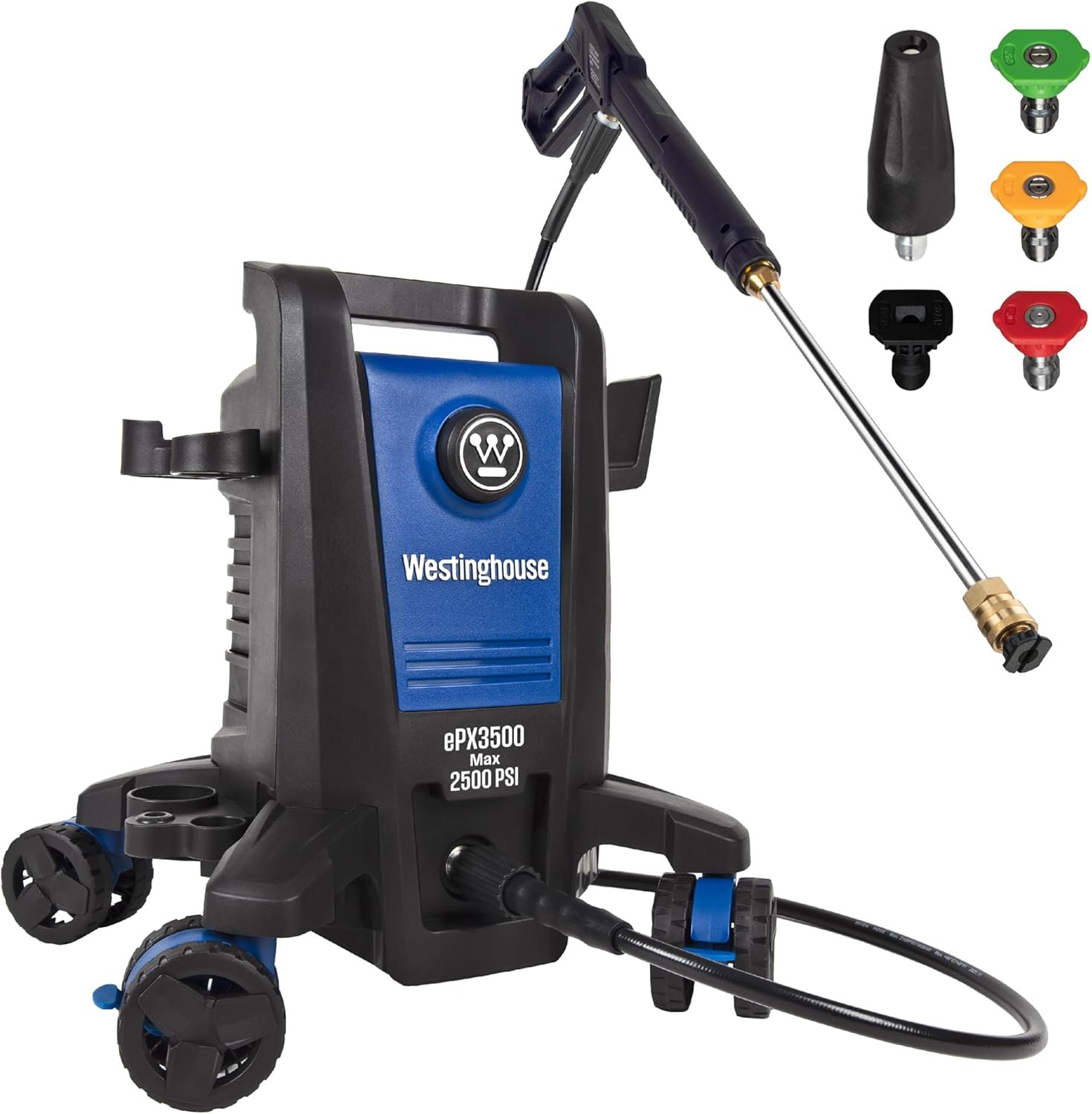 Main studio image of the Westinghouse ePX3500 electric pressure washer, showing the spray wand, hose, and the 5 included quick-connect nozzles.