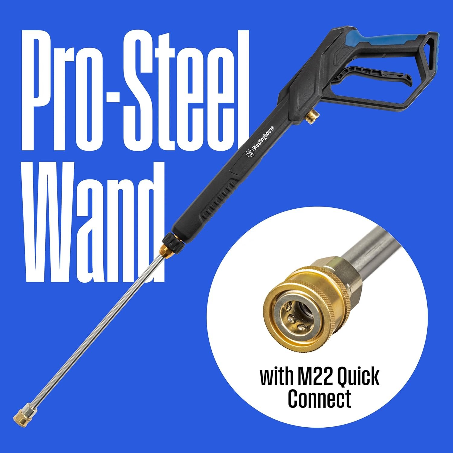 A close-up of the "Pro-Steel Wand" for the Westinghouse pressure washer, showing the M22 quick connect brass fitting.